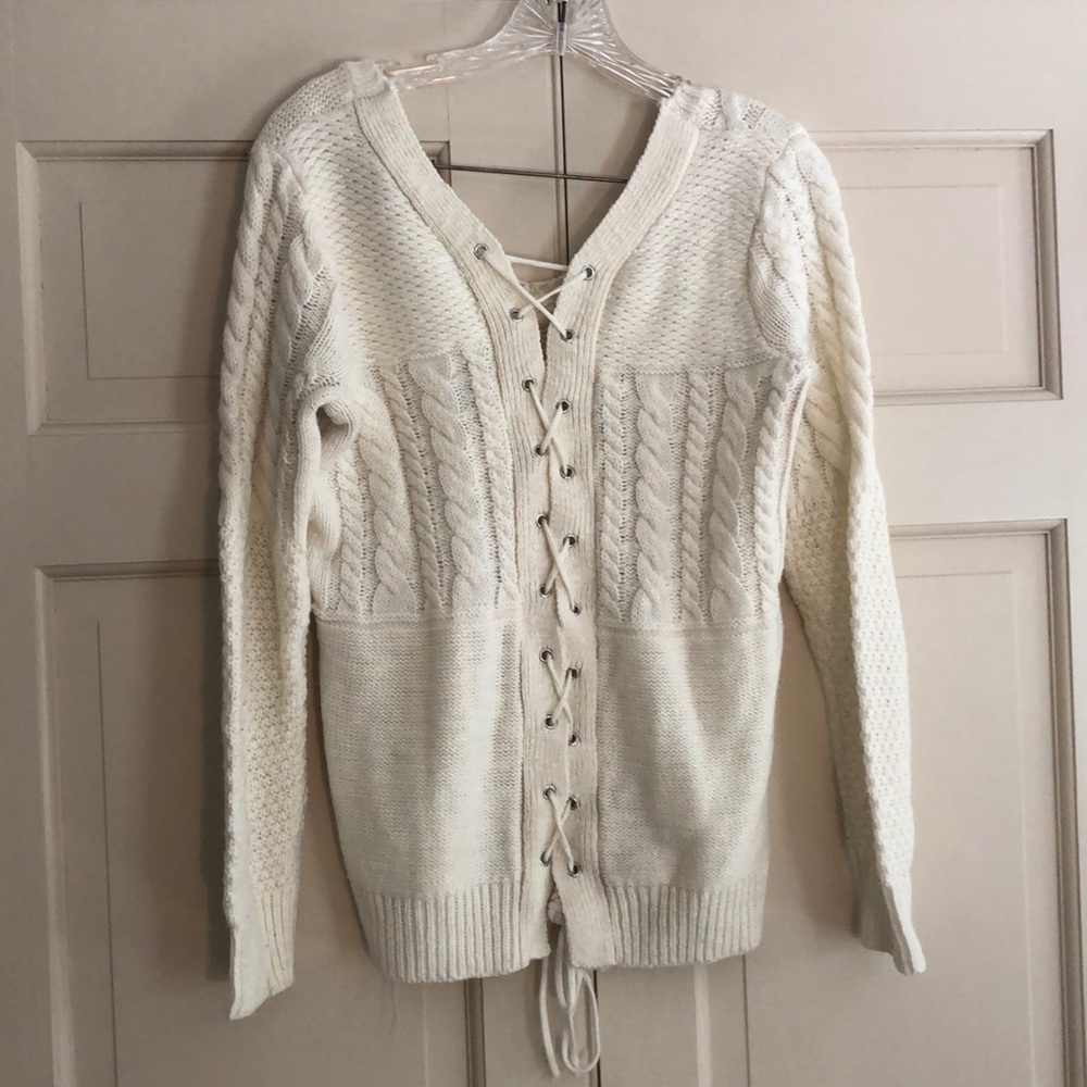 White Lace Up Sweater